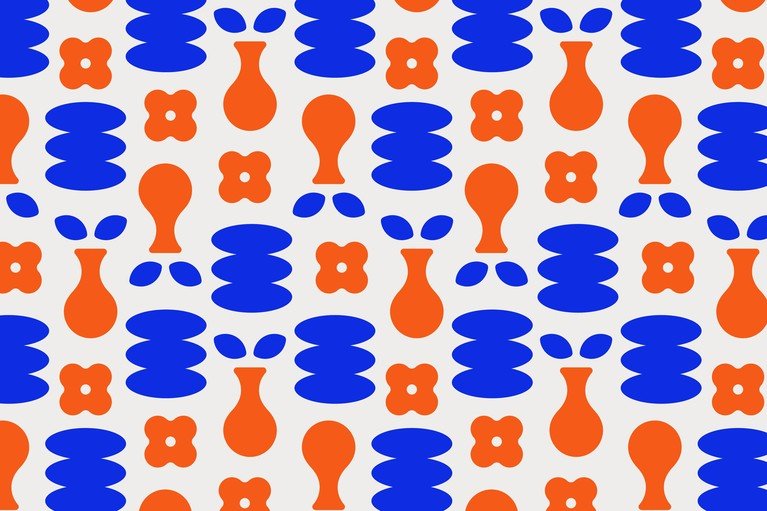 Abstract Mid-Century Modern Pattern with Vases and Flowers