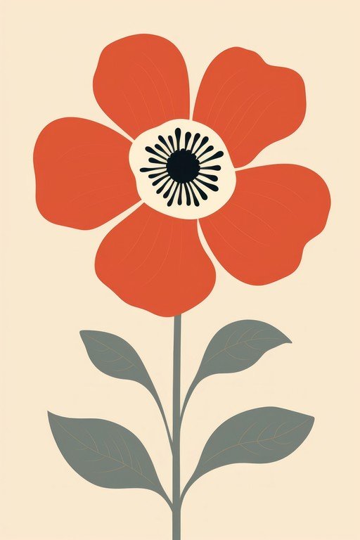 Abstract Red Flower with Green Leaves