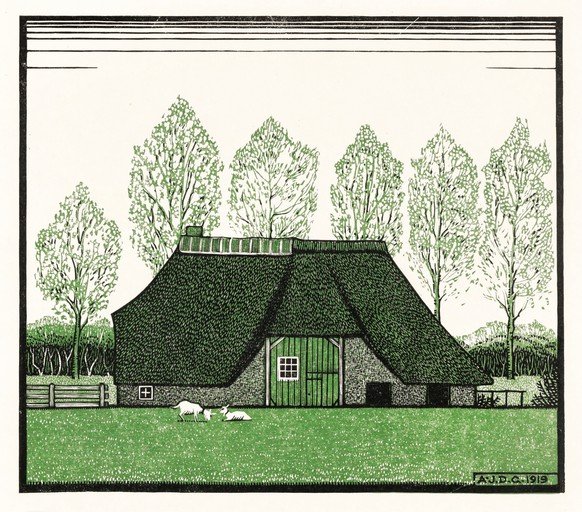 Thatched Barn with Sheep and Trees