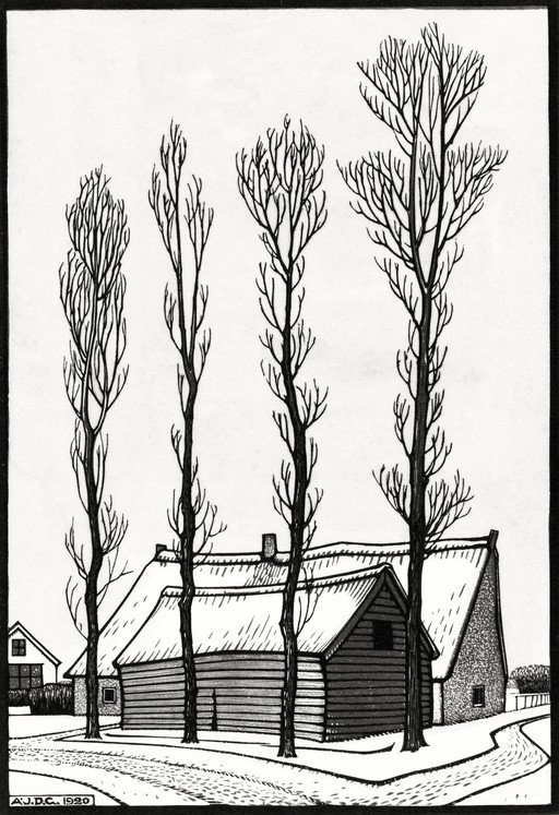 Winter Farmhouse Scene with Bare Trees