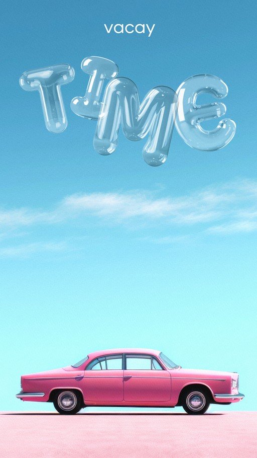 Retro Pink Car and 'Vacay Time' Text in Sky