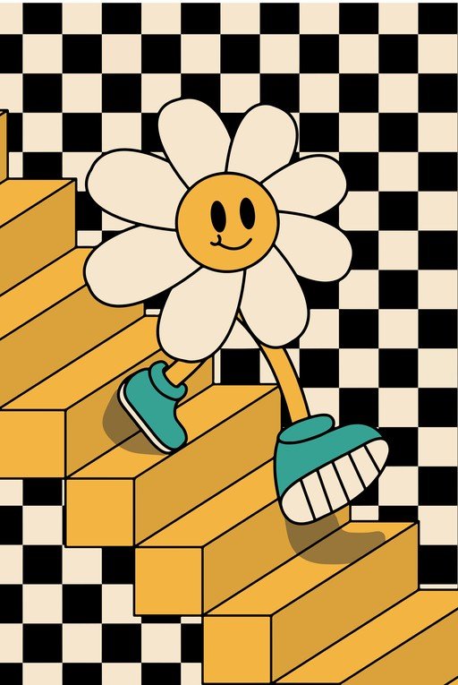 Retro Flower Character Ascending Stairs