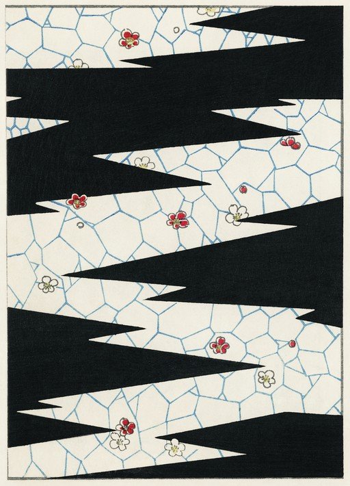 Japanese Plum Blossom Pattern with Black Waves
