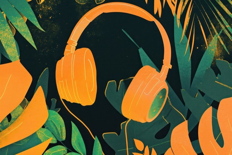 Vibrant Headphones Amidst Tropical Foliage