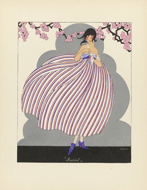 Art Deco Woman in Striped Dress and Cherry Blossoms