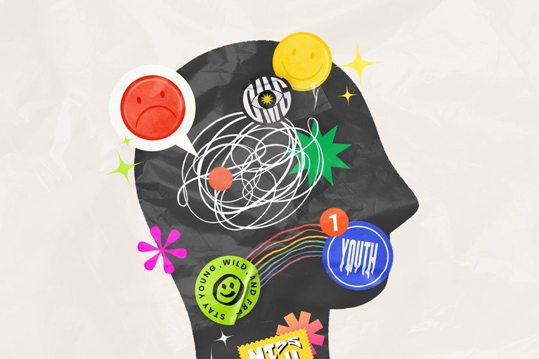 Abstract Head Silhouette with Youthful Stickers and Emotions