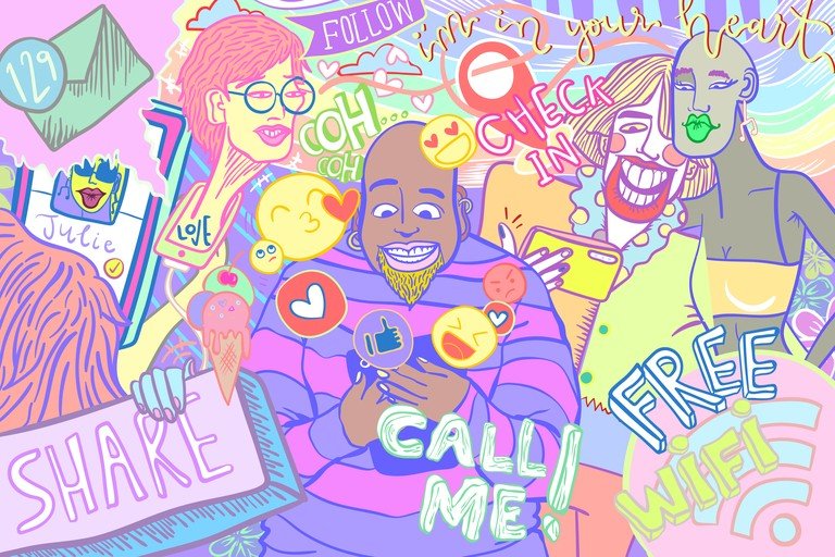 Vibrant Social Media Collage with Diverse People and Emojis