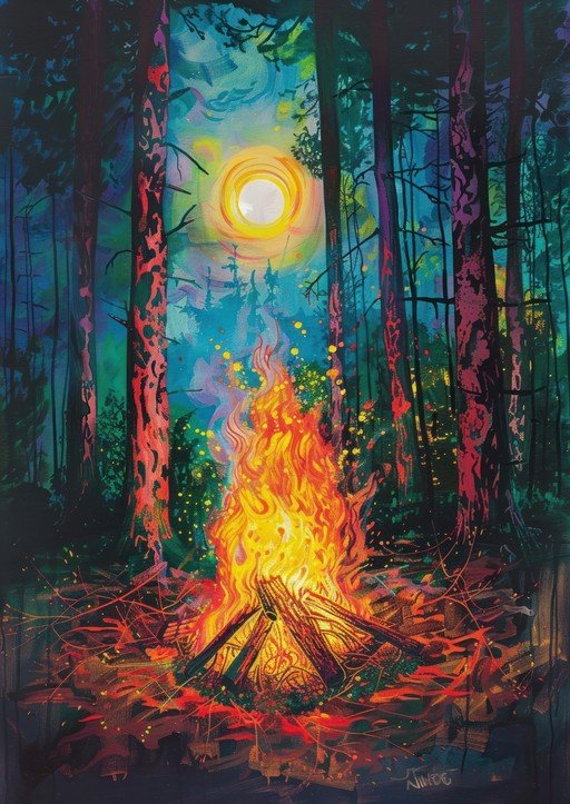 Vibrant Bonfire in a Mystical Forest