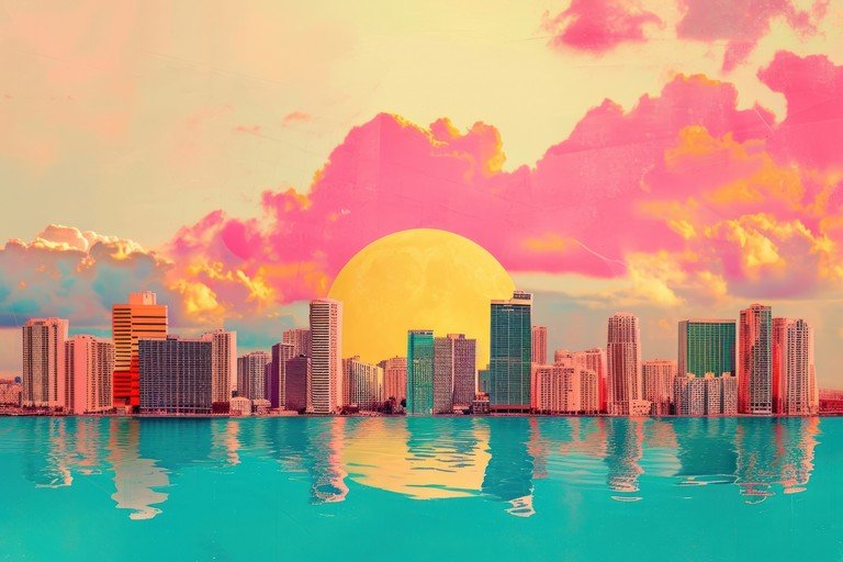 Vibrant Miami Skyline at Sunset with Surreal Clouds