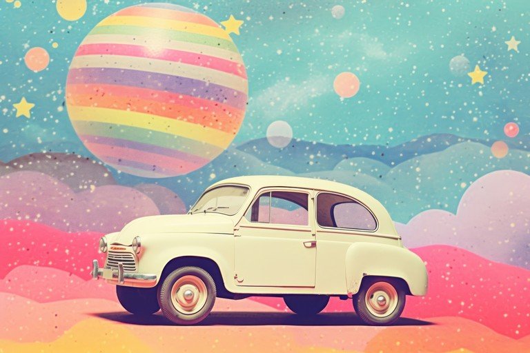 Whimsical Vintage Car in a Dreamy, Colorful Landscape
