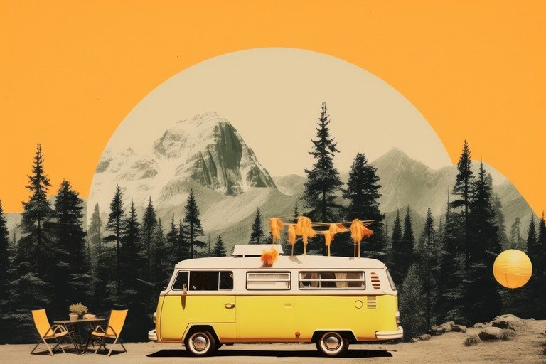 Retro Camper Van Adventure in Mountain Landscape