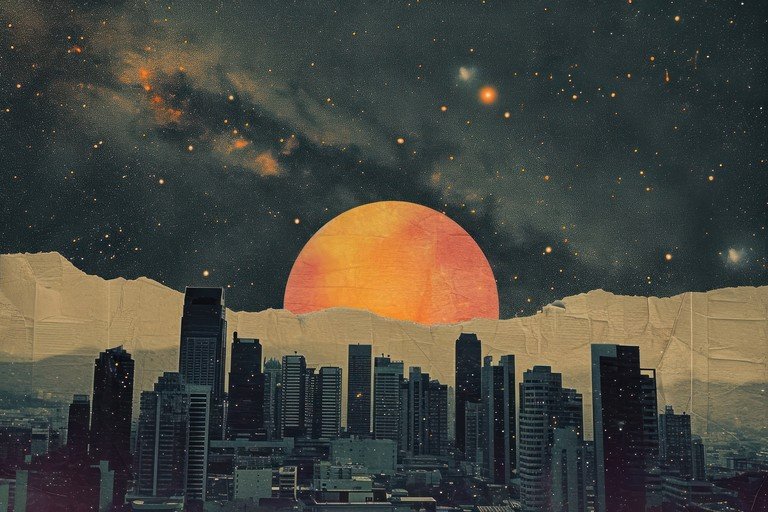 Surreal Cityscape with Cosmic Sun