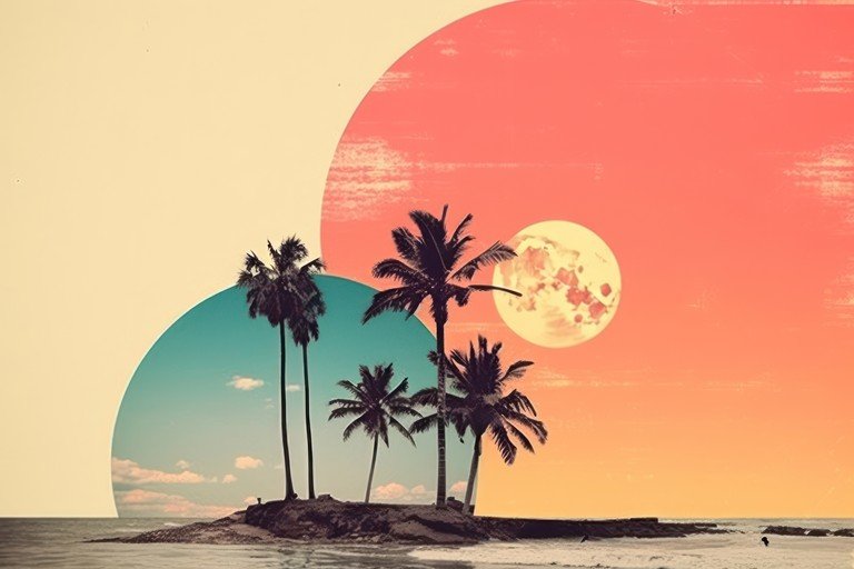 Retro Tropical Island Sunset with Palm Trees