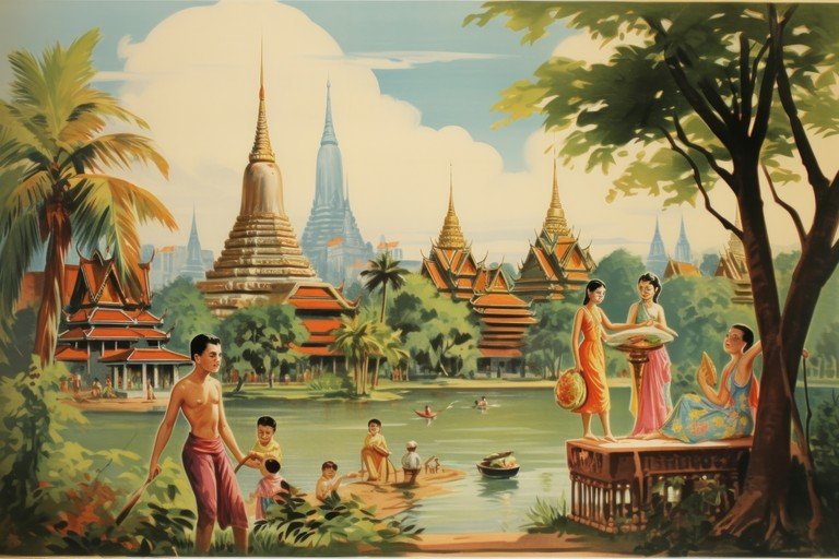 Southeast Asian Village Scene with Temples and River Life