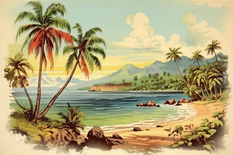Tropical Beach Paradise with Palm Trees and Mountains