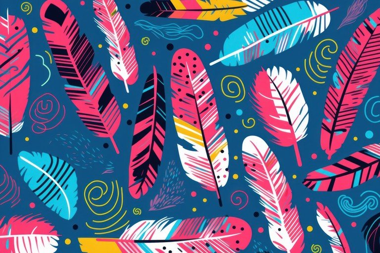 Vibrant Feather Pattern with Pink, Blue, and Yellow Accents