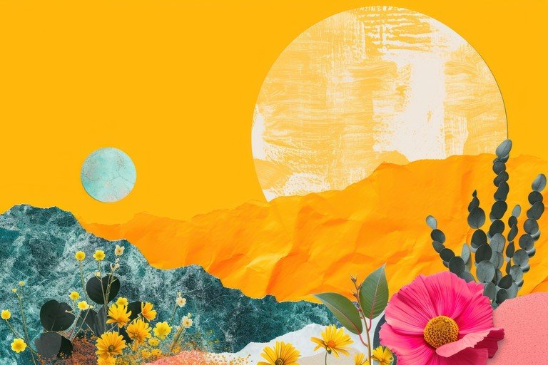 Surreal Desert Landscape with Sun and Flowers