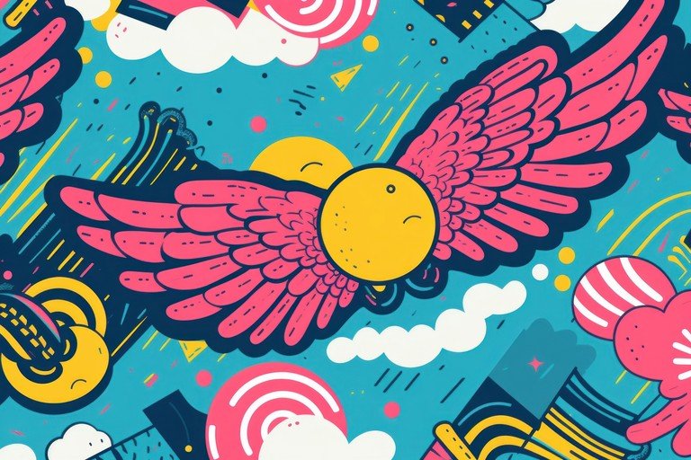 Whimsical Winged Sun with Abstract Elements
