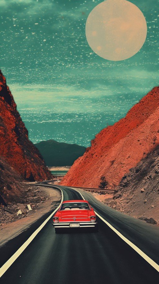 Retro Car Drives Through Desert Canyon Under Alien Sky