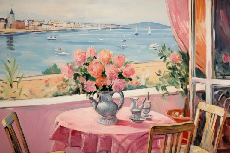 Seaside Cafe Scene with Roses and Sailboats