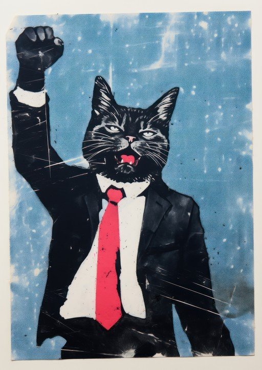 Black Cat in Suit with Raised Fist