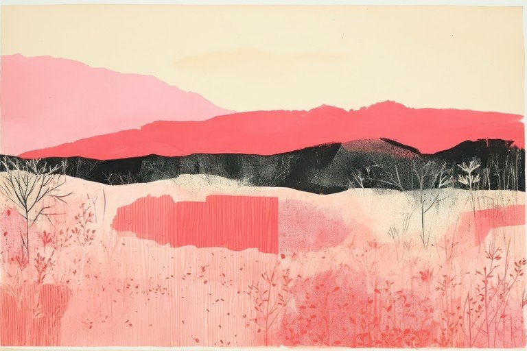 Abstract Landscape with Pink Mountains and Sparse Vegetation