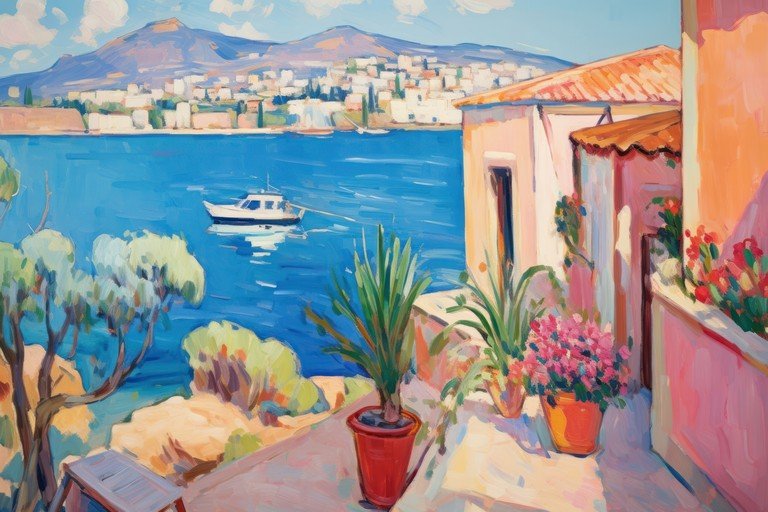 Vibrant Mediterranean Coastal Scene with Boat and Flowers