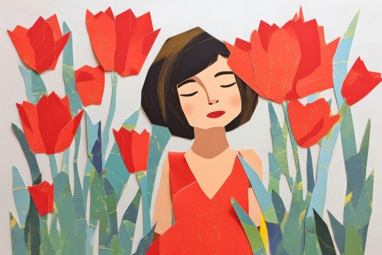 Woman in Red Dress Surrounded by Tulips