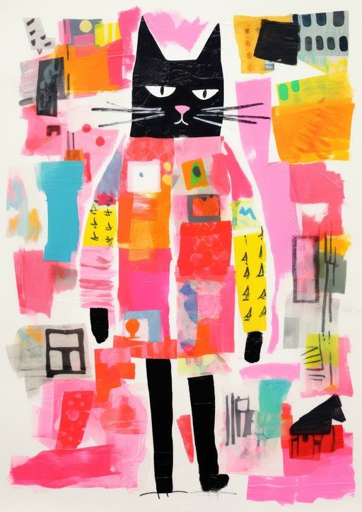 Whimsical Black Cat Collage Art
