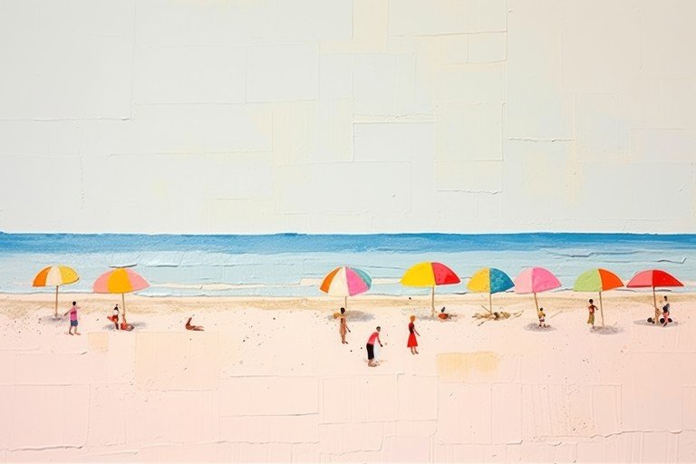 Whimsical Beach Scene with Colorful Umbrellas and Tiny Figures