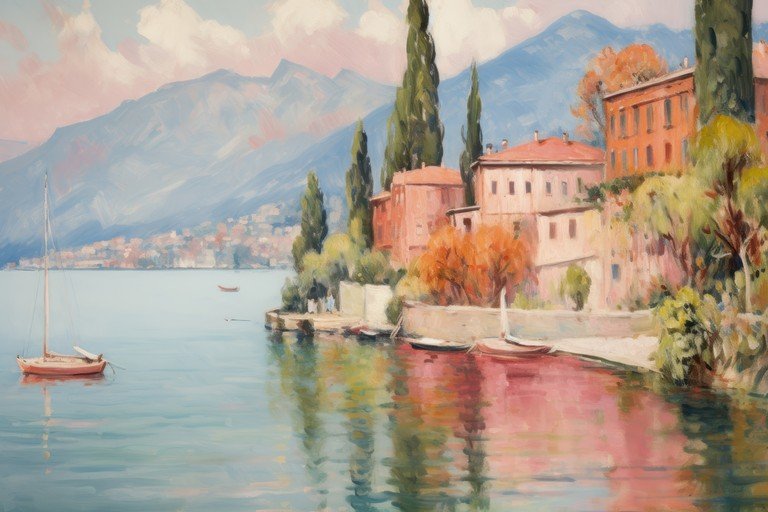 Serene Lakeside Village with Sailboat and Mountains