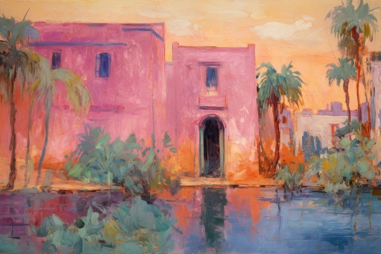 Impressionist Painting of a Pink Moroccan Courtyard at Sunset