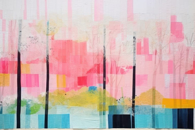 Abstract Quilted Landscape with Pink and Yellow Hues