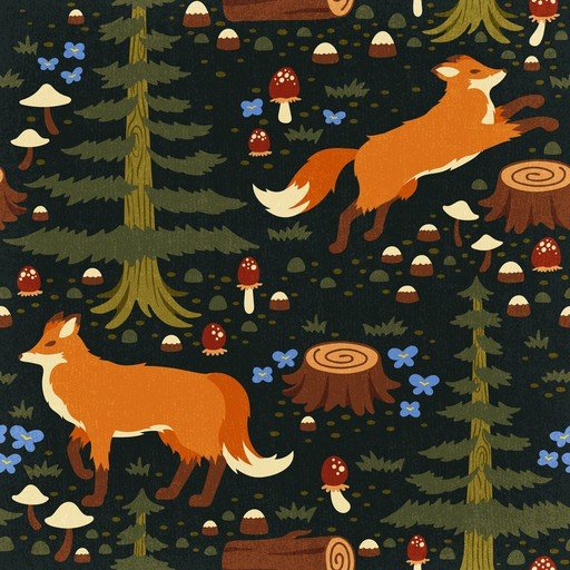 Whimsical Forest Scene with Foxes and Mushrooms