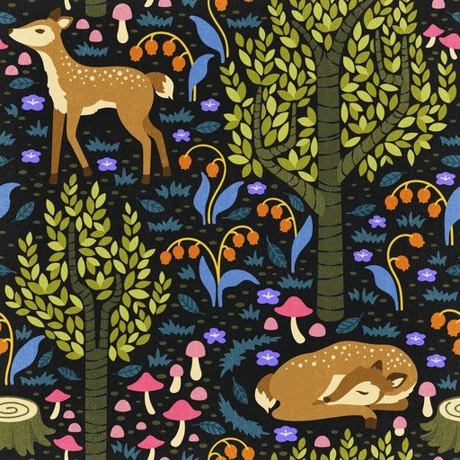 Whimsical Forest Scene with Deer and Mushrooms
