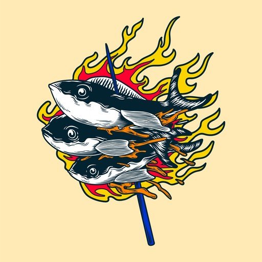 Three Fish on a Skewer with Flames