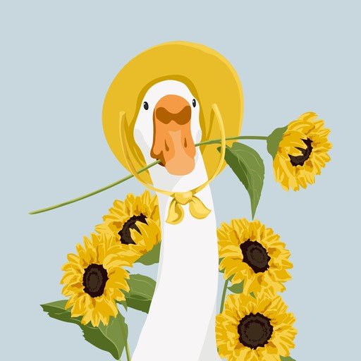 Whimsical Goose in Sunflowers with Yellow Hat