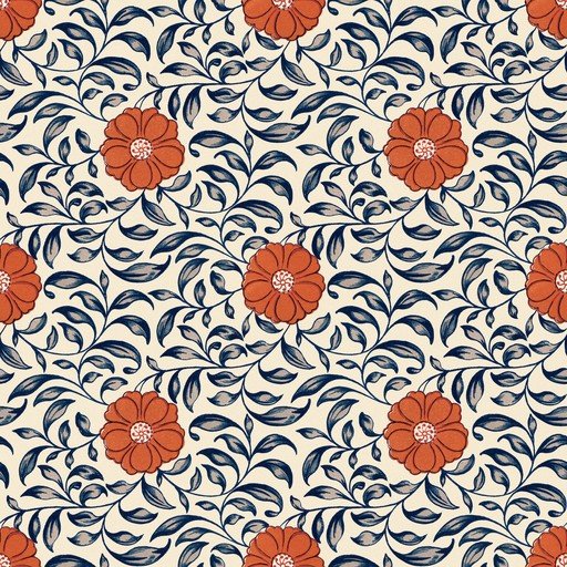 Vintage Floral Pattern with Orange Flowers and Blue Leaves