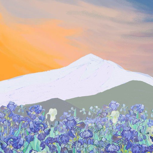 Vibrant Iris Field with Snow-Capped Mountain and Sunset Sky