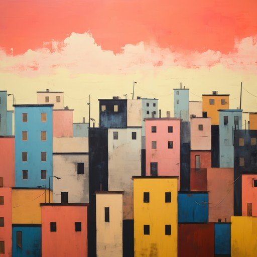 Vibrant Cityscape with Colorful Buildings and Pink Sky