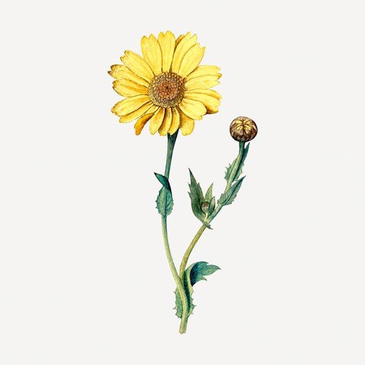 Botanical Illustration of a Yellow Daisy and Bud