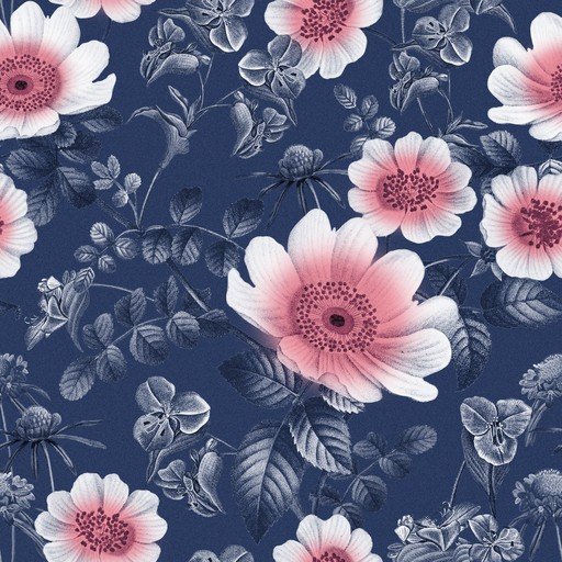 Vintage Floral Pattern with Pink Roses and Blue Background