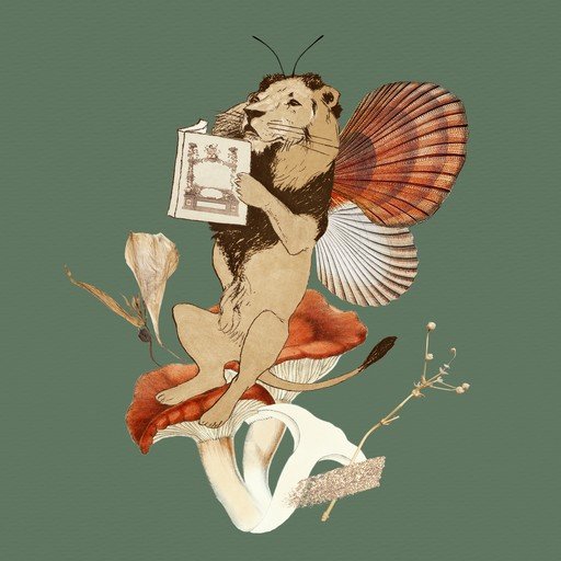 Whimsical Lion with Butterfly Wings Reads a Book