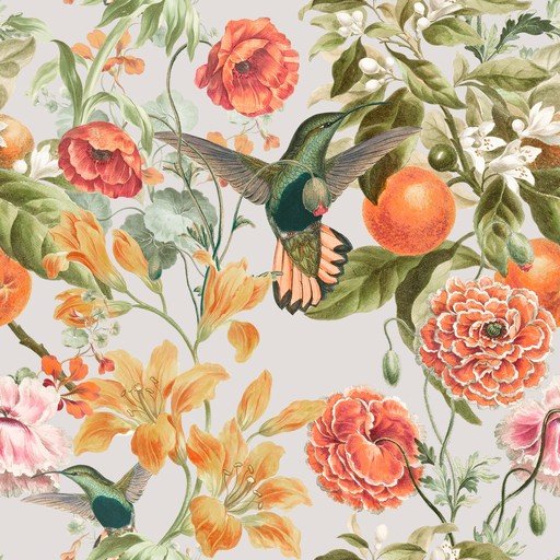 Vintage Floral Pattern with Hummingbirds and Oranges