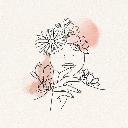 Minimalist Line Art of Woman with Flowers