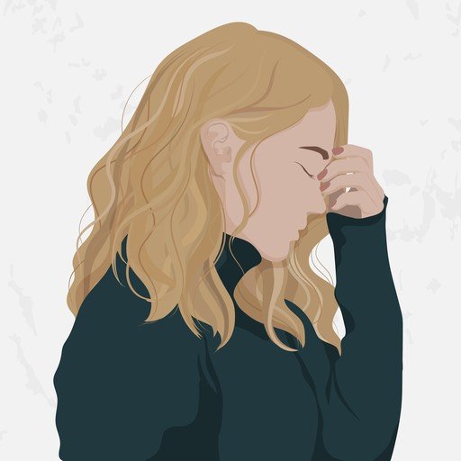 Woman with Blond Hair Holding Forehead in Distress