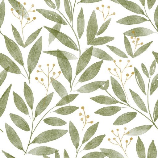 Watercolor Botanical Pattern with Green Leaves and Berries