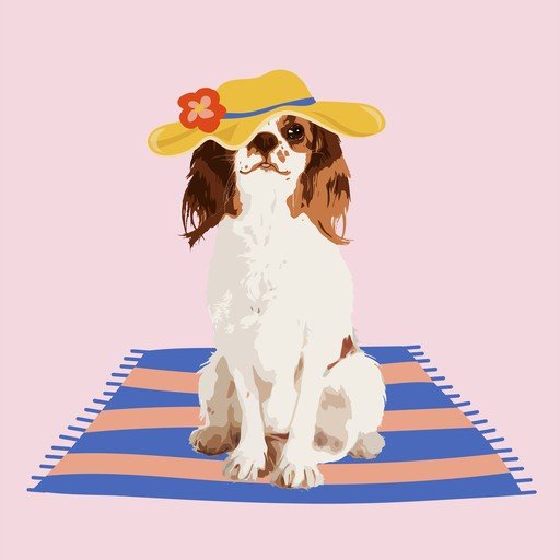 Dog in a Sun Hat on a Beach Towel