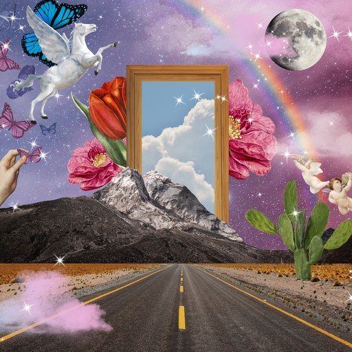 Surreal Collage: Pegasus, Rainbow, and Desert Road
