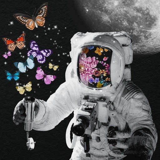 Astronaut Surrounded by Butterflies and Flowers in Space